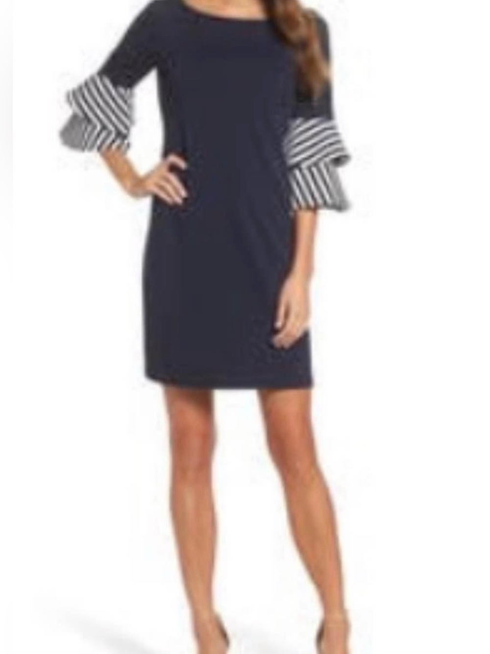 Eliza J Navy Dress with Black-and-White Striped Ruffle Sleeves